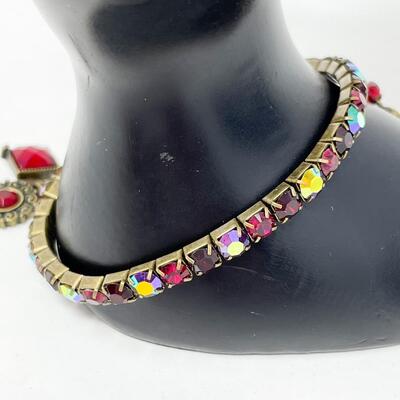 COLORFUL RHINESTONE BRACELET W/ RED & GOLD CHARMS