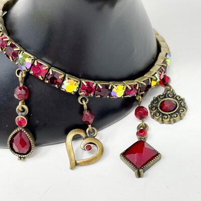 COLORFUL RHINESTONE BRACELET W/ RED & GOLD CHARMS