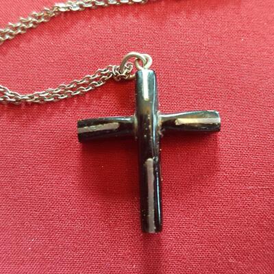 Obsidian (?) and Silver Cross and Chain