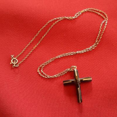 Obsidian (?) and Silver Cross and Chain