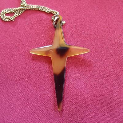 Tortoise Shell Stylized Cross and Gold Chain