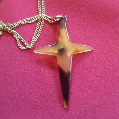 Tortoise Shell Stylized Cross and Gold Chain