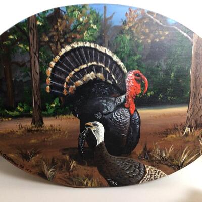 B739. Hand Painted, Oval Turkey Shaker Box / Glass Leaf Bowls / Metal Turkey Figure