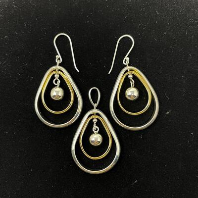 925 STERLING SILVER & GOLD TONED TEARDROP EARRING & PENDANT SET