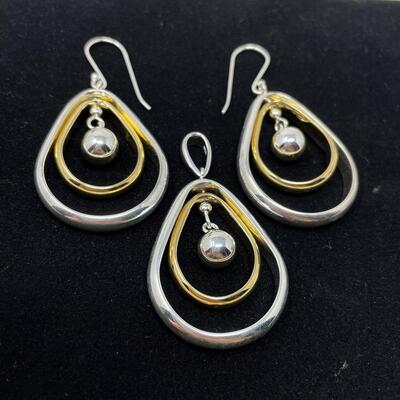 925 STERLING SILVER & GOLD TONED TEARDROP EARRING & PENDANT SET