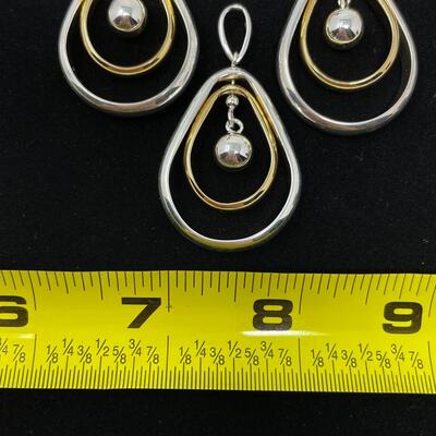 925 STERLING SILVER & GOLD TONED TEARDROP EARRING & PENDANT SET