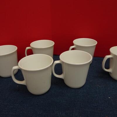 LOT #552 CORNING MUGS AND GLASS CANDLESTICKS
