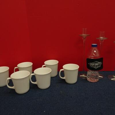 LOT #552 CORNING MUGS AND GLASS CANDLESTICKS
