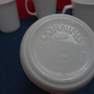 LOT #552 CORNING MUGS AND GLASS CANDLESTICKS