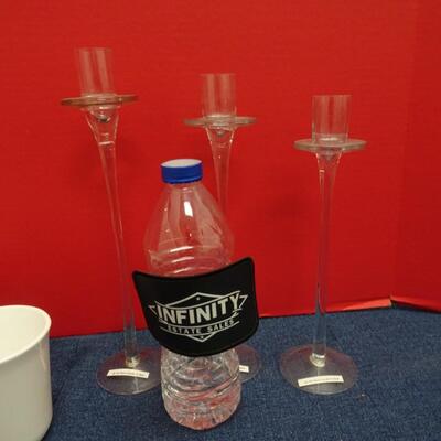 LOT #552 CORNING MUGS AND GLASS CANDLESTICKS