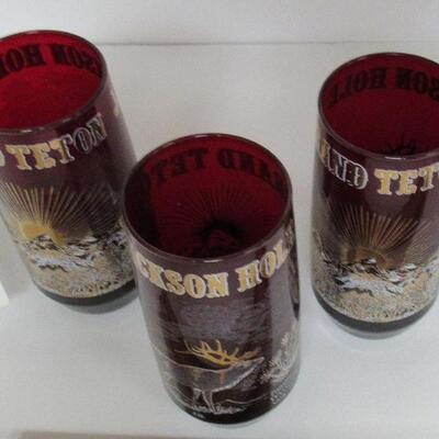 3 Vintage Grand Teton Jackson Hole Ruby Tumblers With Gold Trim