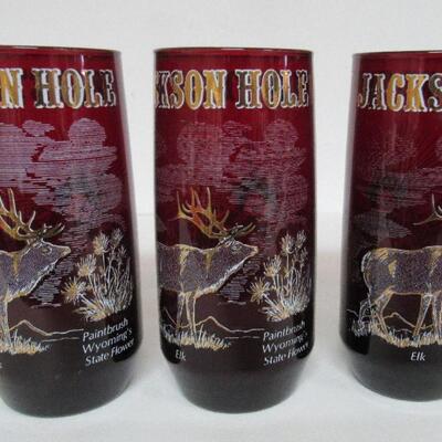 3 Vintage Grand Teton Jackson Hole Ruby Tumblers With Gold Trim