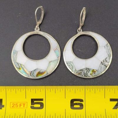 MEXICO â€œALPACA SILVERâ€ CIRCLE/CRESCENT EARRINGS - ABALONE?
