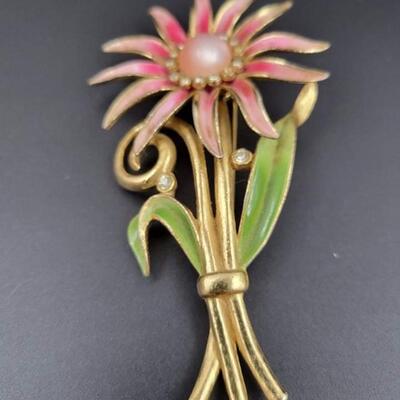 VINTAGE â€œCOROâ€ PINK ENAMEL FLOWER BROOCH