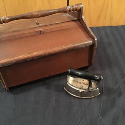 156 6- Vintage Sewing Box & Sad Iron