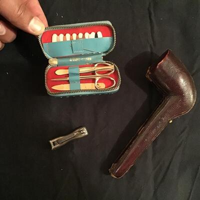 158 - Vintage Lot - Nail Clippers, Pipe Case, Mani set