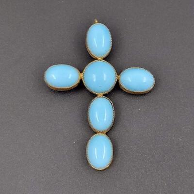 BLUE AND GOLD TONED CROSS BROOCH