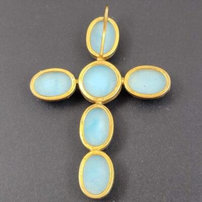BLUE AND GOLD TONED CROSS BROOCH