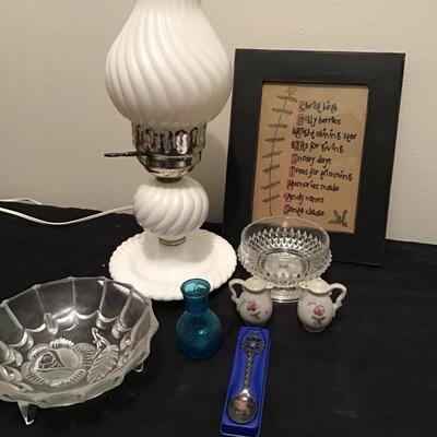 179 - Milk Glass Lamp, Vtg Picture & Porcelain items
