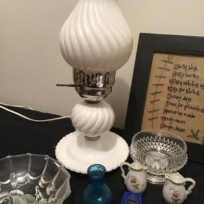 179 - Milk Glass Lamp, Vtg Picture & Porcelain items