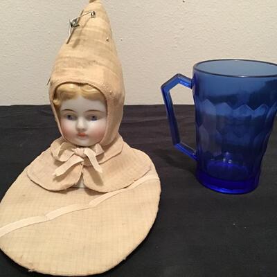181 - Vintage PinCushion w/Porcelain Face & Cobalt Blue Cup
