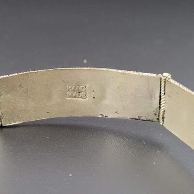 VINTAGE HANDMADE ORNATE SILVER PANEL BRACELET W/ TROMBONE CLASP
