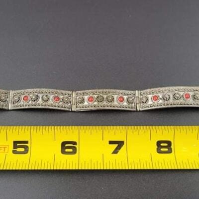 VINTAGE HANDMADE ORNATE SILVER PANEL BRACELET W/ TROMBONE CLASP