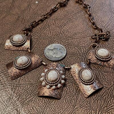 Lot 42 Vintage Copper Necklace & Earrings Graduated Tabs w/Applied Stones