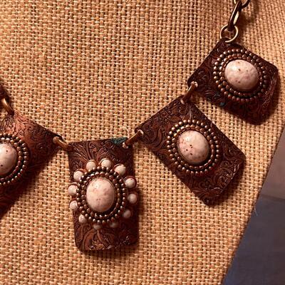Lot 42 Vintage Copper Necklace & Earrings Graduated Tabs w/Applied Stones