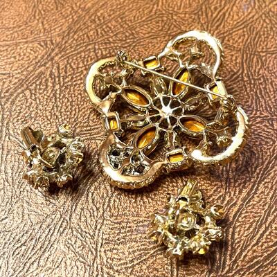 Lot 46 Vintage Costume Jewelry Brooch & Earrings Red & Amber Crystals
