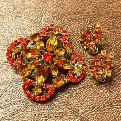 Lot 46 Vintage Costume Jewelry Brooch & Earrings Red & Amber Crystals