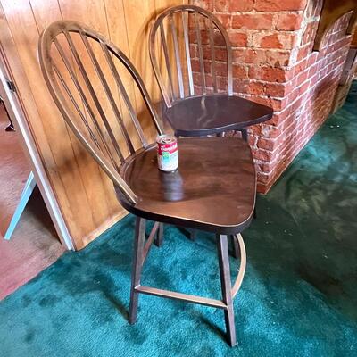 Lot 57 Pair Metal Bar Chairs with Wood Seat Swivel 42" tall