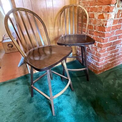 Lot 57 Pair Metal Bar Chairs with Wood Seat Swivel 42" tall