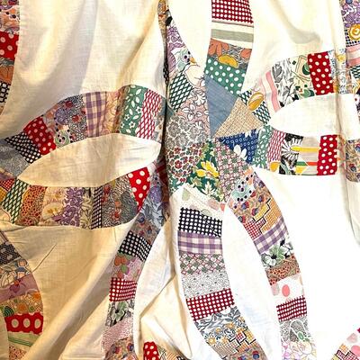 Lot 58 Vintage Quilt Top Double Wedding Ring 7'x7' 1930s Fabric King Bed