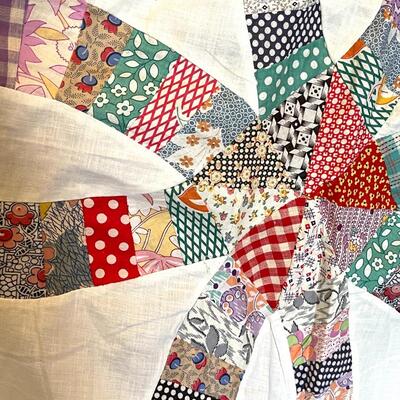 Lot 58 Vintage Quilt Top Double Wedding Ring 7'x7' 1930s Fabric King Bed
