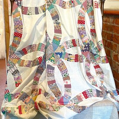 Lot 58 Vintage Quilt Top Double Wedding Ring 7'x7' 1930s Fabric King Bed