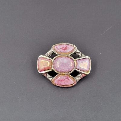 VINTAGE SILVER METAL BROOCH W/ PINK STONES