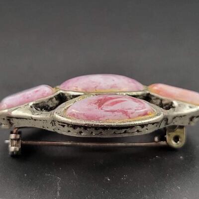 VINTAGE SILVER METAL BROOCH W/ PINK STONES