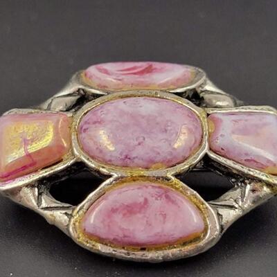 VINTAGE SILVER METAL BROOCH W/ PINK STONES