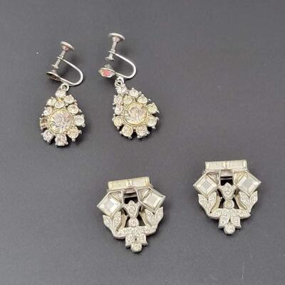 VINTAGE SILVER TONED RHINESTONE CLIP ON EARRINGS BUNDLE