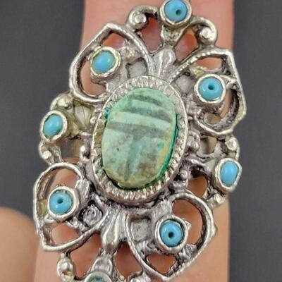 VINTAGE SILVER TONED RINGS W/ BLUE & GREEN STONES