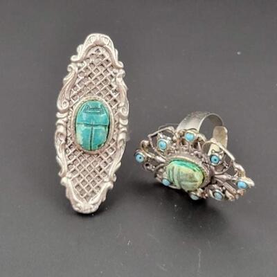 VINTAGE SILVER TONED RINGS W/ BLUE & GREEN STONES
