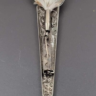 SILVER METAL & FEATHER BROOCH