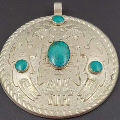 NATIVE AMERICAN SILVER & TURQUOISE MEDALLION PENDANT