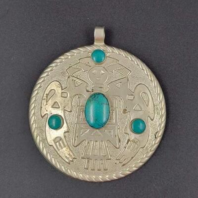 NATIVE AMERICAN SILVER & TURQUOISE MEDALLION PENDANT