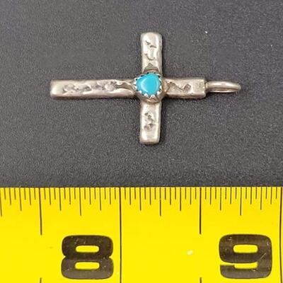 STERLING SILVER CROSS PENDANT W/ BLUE STONE