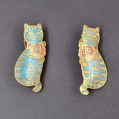 BLUE & GOLD METAL CAT CLIP-ON EARRINGS