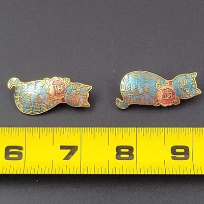 BLUE & GOLD METAL CAT CLIP-ON EARRINGS