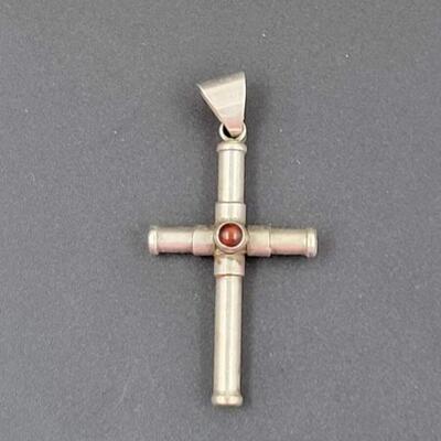 ITALY 925 STERLING SILVER CROSS PENDANT W/ RED STONE