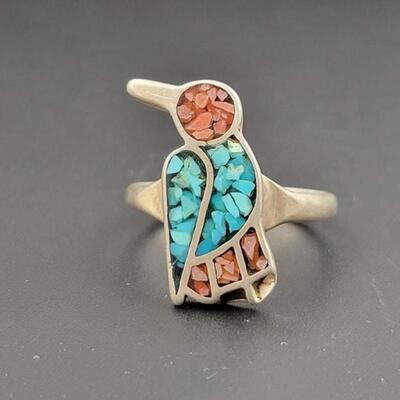 SILVER & INLAID STONE BIRD RING